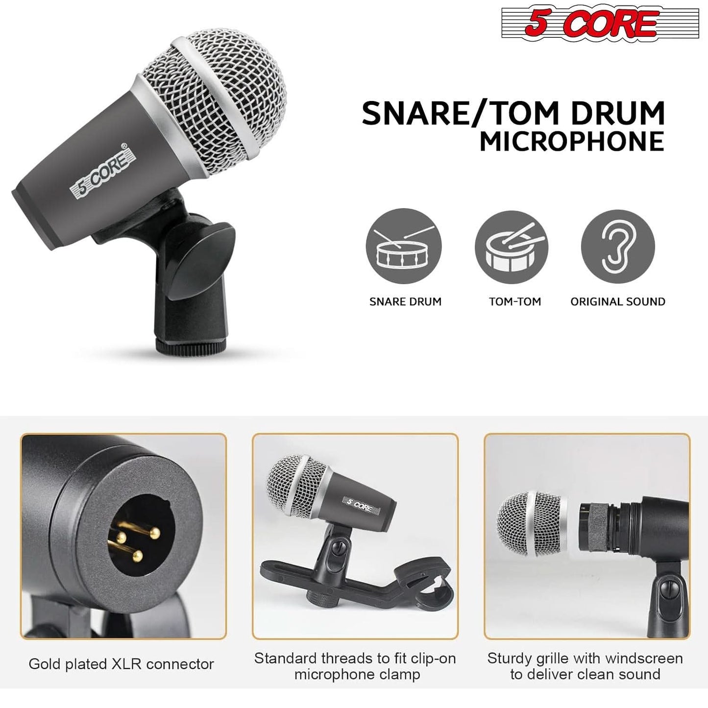 5Core Drum Mic Kit 9 Pcs Kick BassTom Snare Dynamic Mics Instrument Microphone Set GREY-3