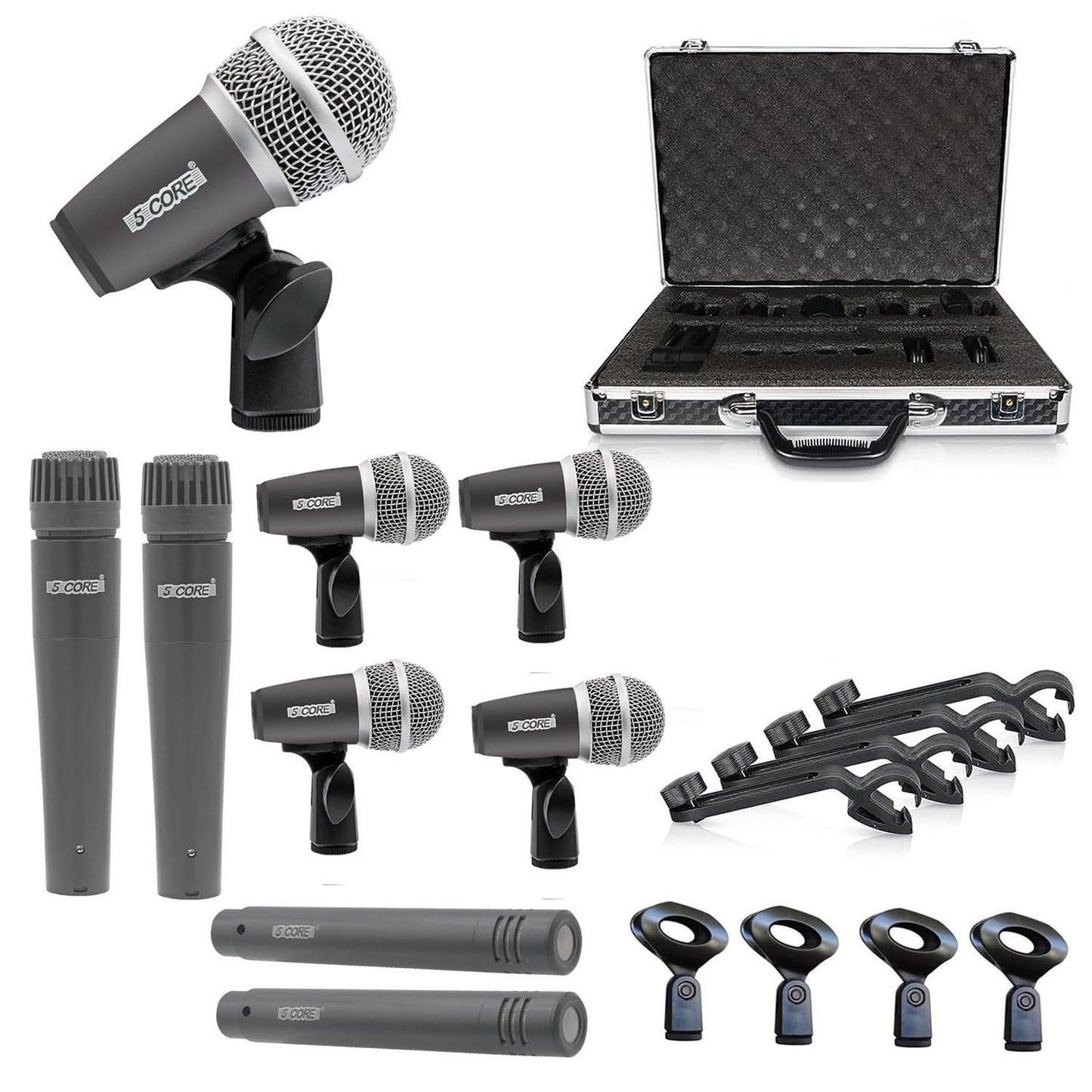 5Core Drum Mic Kit 9 Pcs Kick BassTom Snare Dynamic Mics Instrument Microphone Set GREY-0