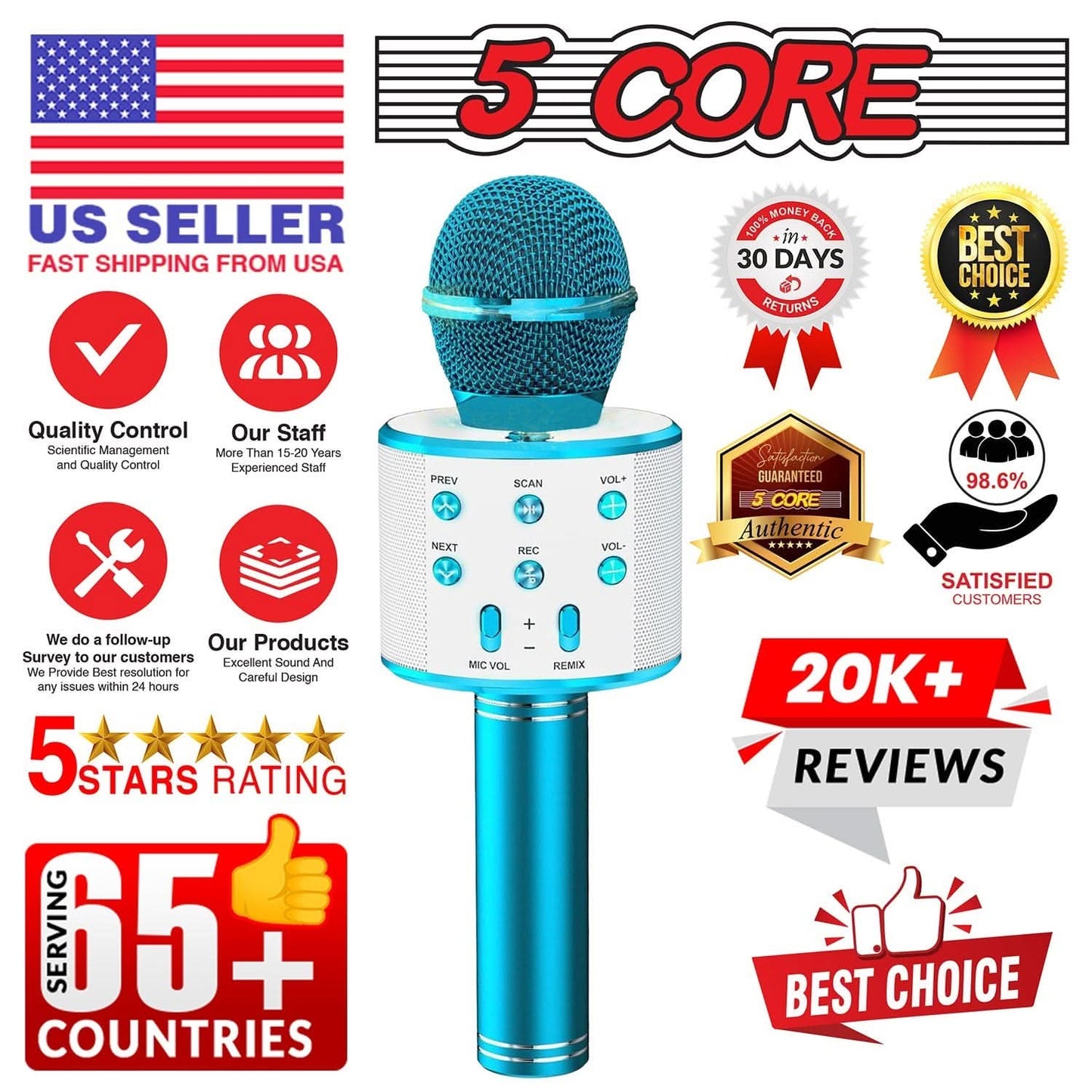 5Core Wireless Karaoke Microphone Bluetooth Mic Portable Handheld Microfonos Inalambricos BLUE-3