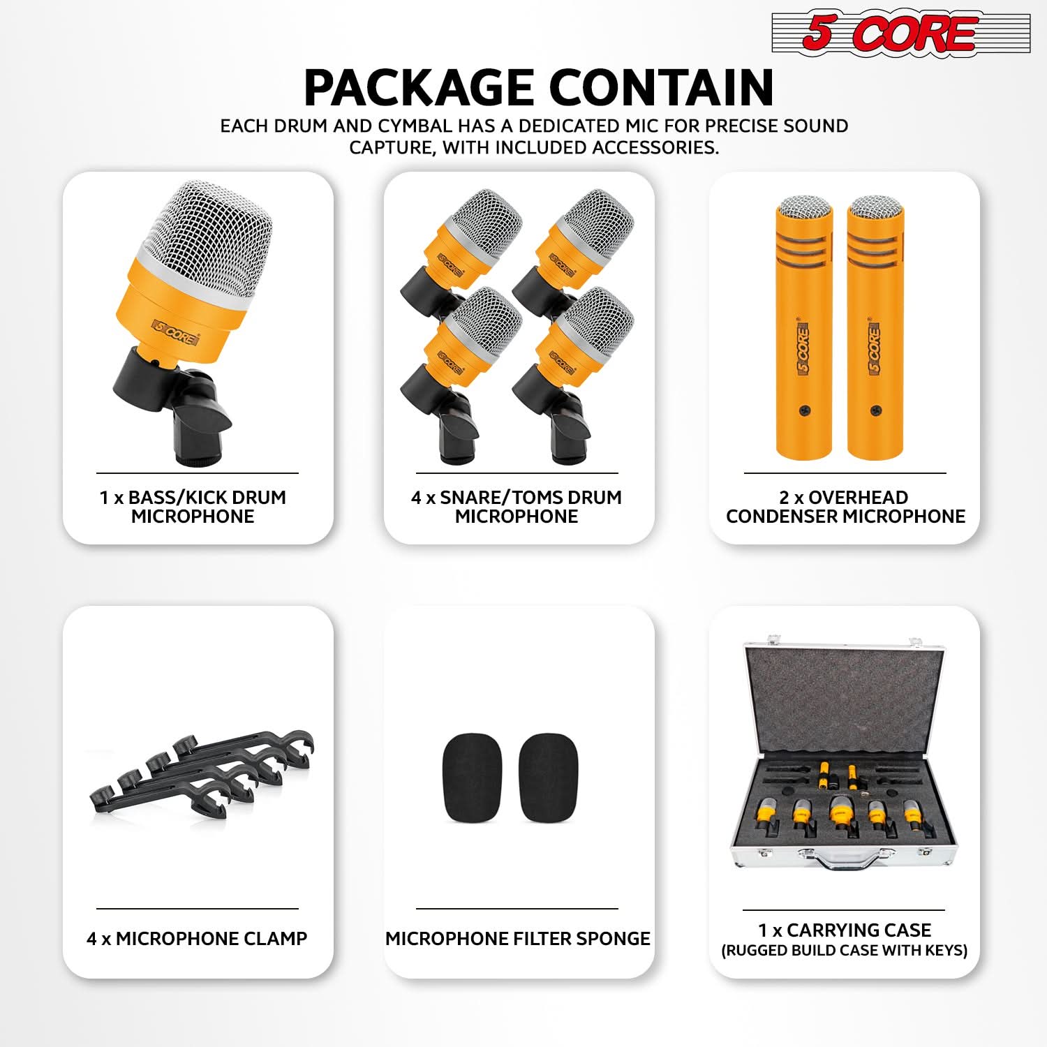 5Core Drum Mic Kit 7 Pcs Kick BassTom Snare Dynamic Microphone Instrument Mics Set Yellow-3