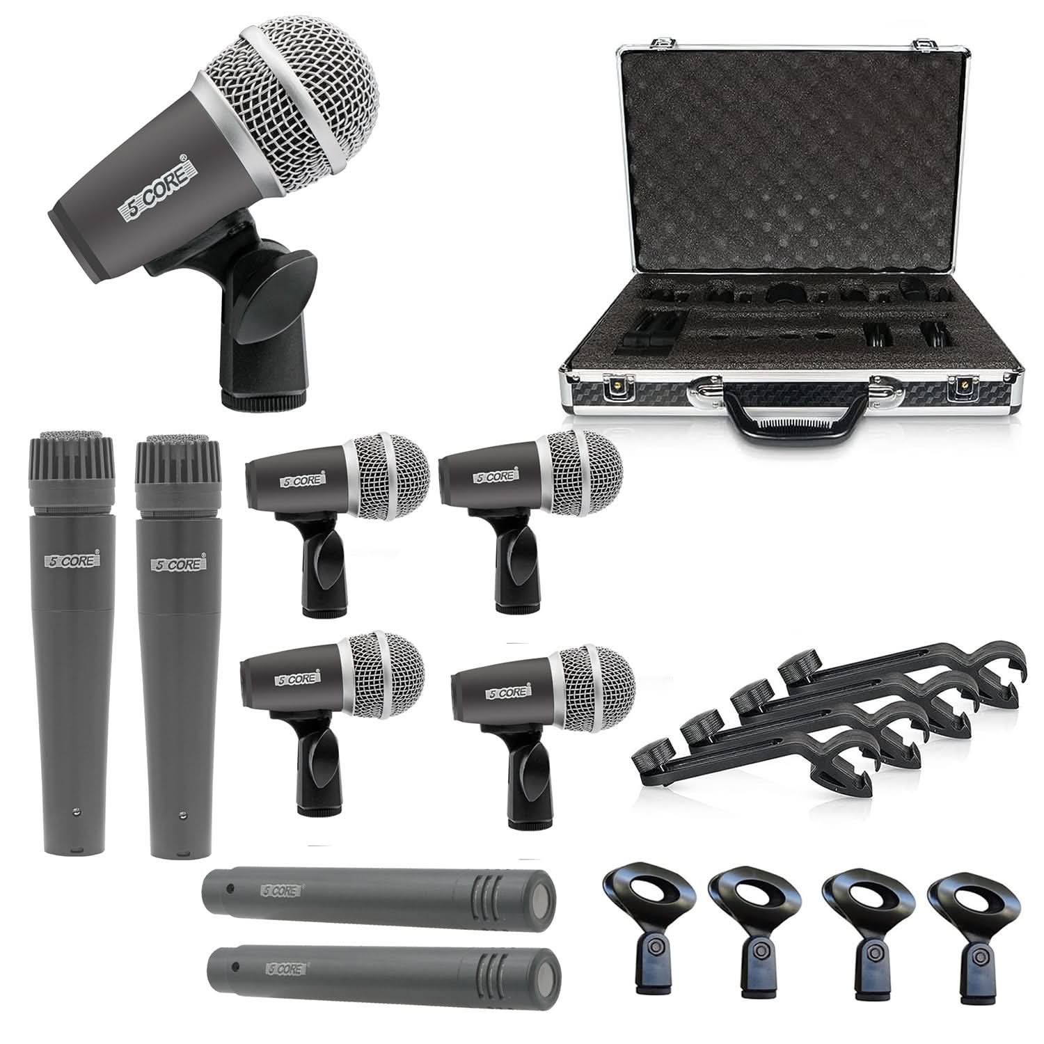 5Core Drum Mic Kit 9 Pcs Kick BassTom Snare Dynamic Mics Instrument Microphone Set GREY-0